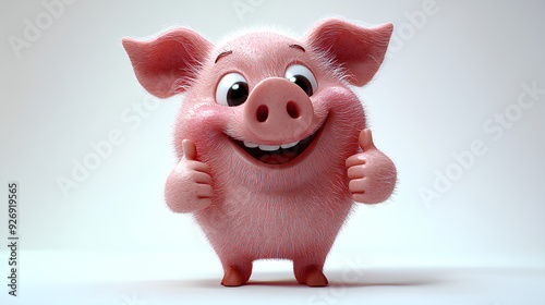 Happy smiling funny ginger pig cartoon character in 3d design style showing thumbs up gesture on white background. Cute fantasy animals concept