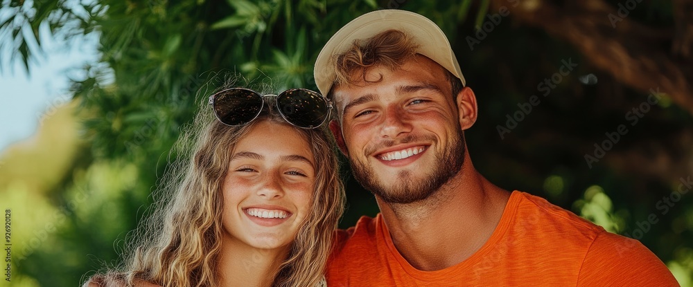 Fototapeta premium Full-Length Of A Young Couple On Summer Vacation, Their Smiles Bright In The Sun