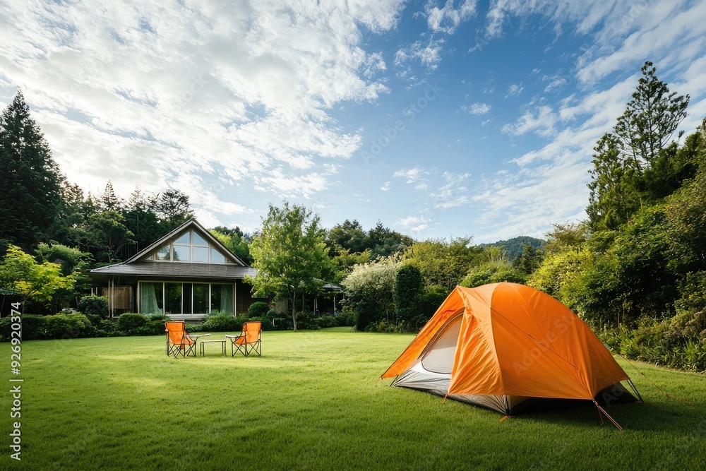 An orange tent and chairs placed on a green lawn for camping with a blue sky and white clouds An orange tent and chairs placed on a green lawn for camping with a blue sky and white clouds