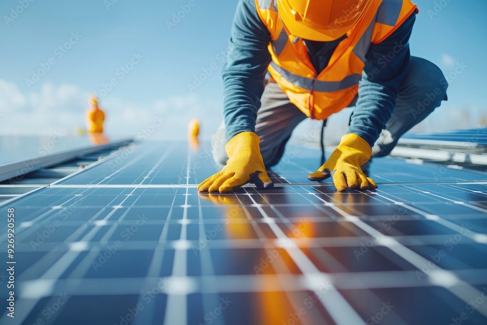 A worker wearing safety gear is placing solar panels on the roof of an office building, energy and sustainable power technology A worker wearing safety gear is placing solar panels on the roof of an office building, energy and sustainable power technology