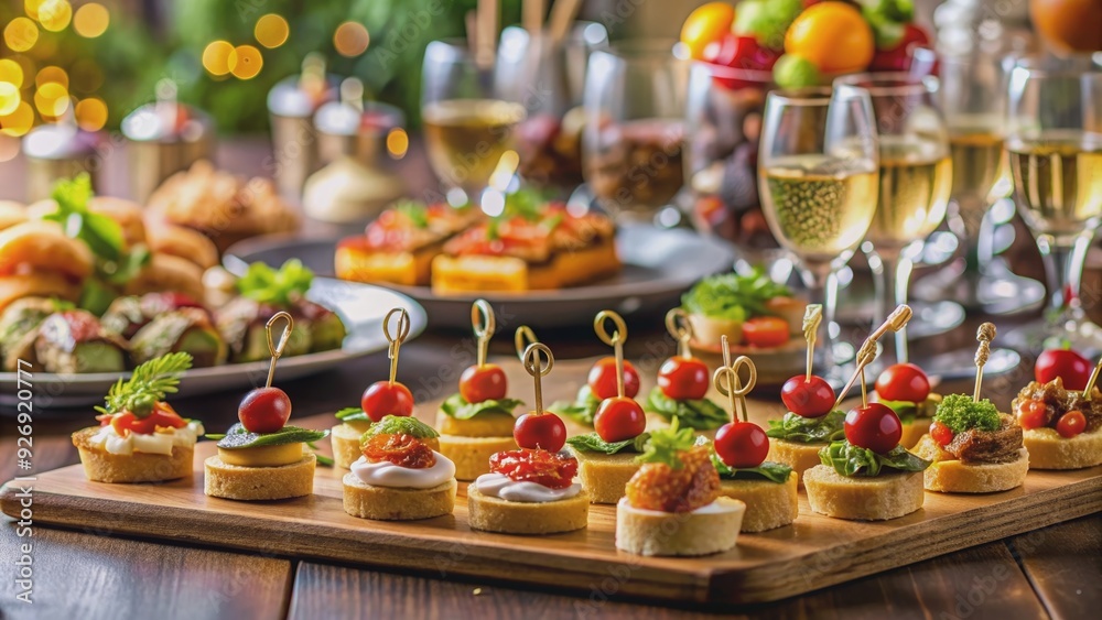 Canapes and festive nibbles displayed on a banquet table, catering, appetizers, elegant, festive, party, celebration Canapes and festive nibbles displayed on a banquet table, catering, appetizers, elegant, festive, party, celebration