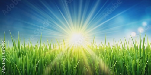 Bright sun shining over blades of grass in the foreground, sun, bright, shining, grass, blades, foreground, nature