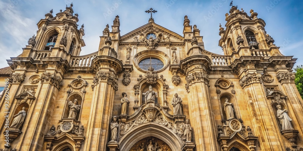 Fototapeta premium Impressive church facade with intricate designs and statues in San Sebastian, Spain, church, San Ignacio de Loyola