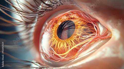 Human eye, cross-section showing retina, optic nerve, and lens, 3D illustration photo