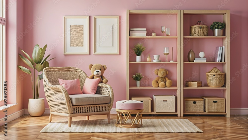 Pink living room with teddy bear on armchair, rattan furniture, framed art, bookshelf Pink living room with teddy bear on armchair, rattan furniture, framed art, bookshelf