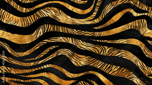 Abstract gold and black animal print with flowing zebra stripes pattern