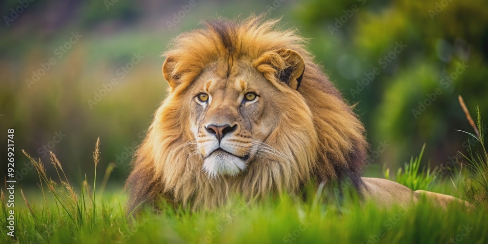 Close up shot of a majestic lion resting in the grass in its natural habitat, wildlife, lion, animal, nature, predator, mammal Close up shot of a majestic lion resting in the grass in its natural habitat, wildlife, lion, animal, nature, predator, mammal