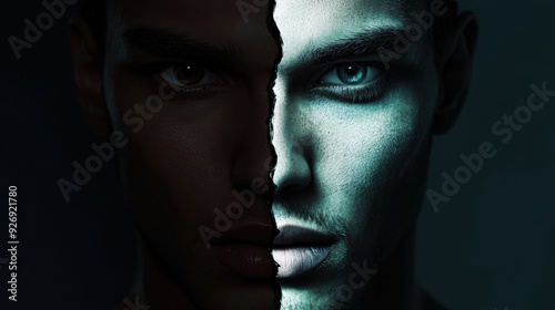 Inner Conflict - 3D Illustration of Man's Duality with Light and Dark Sides Showing Contrasting Emotions