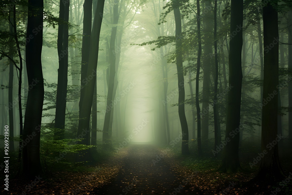 Obraz premium Enchanted Forest Path with Mist and Light Breaking Through Trees