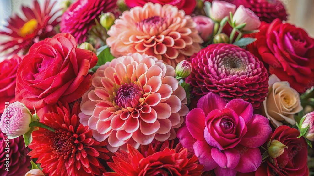 Close-up of a bouquet featuring red and pink roses, dahlias, and chrysanthemums, roses, dahlias, chrysanthemums, bouquet, flowers Close-up of a bouquet featuring red and pink roses, dahlias, and chrysanthemums, roses, dahlias, chrysanthemums, bouquet, flowers