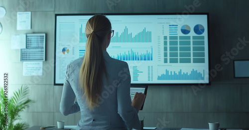 Female business professional presenting data and analytics on a large screen in a conference room, with graphs and charts showing market trends for a corporate presentation or team meeting
