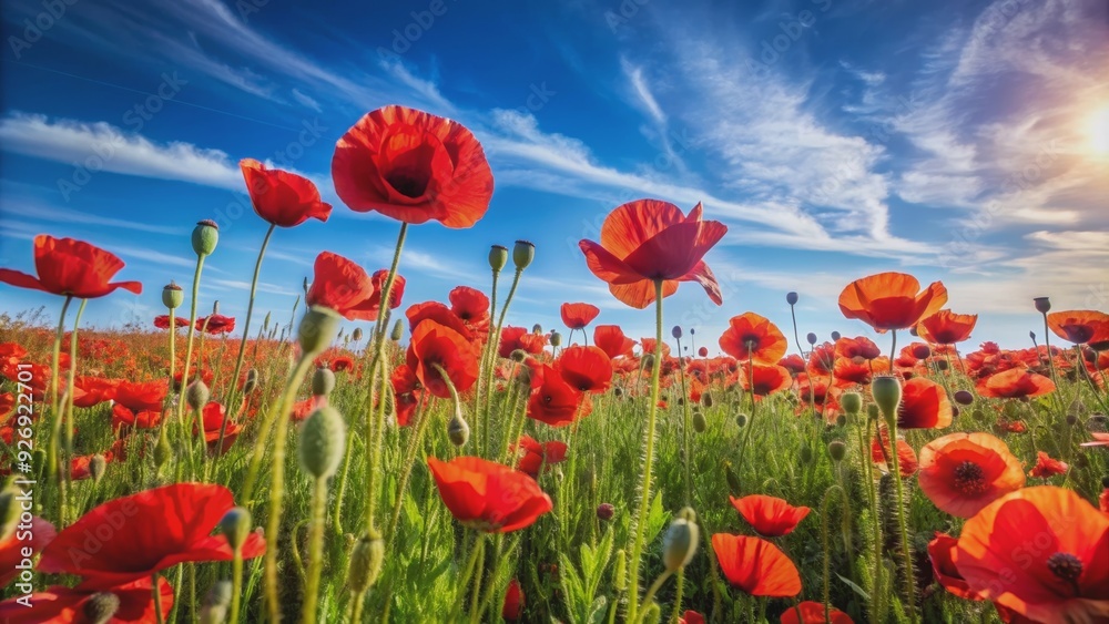 Obraz premium Field of vibrant red poppies under a clear blue sky, nature, flowers, landscape, sunny, peaceful, tranquil, beauty, colorful