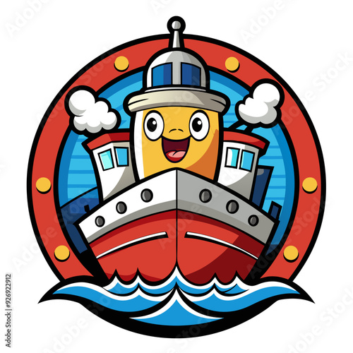 Cartoon Ship with Smiling Face and Smoke Plumes