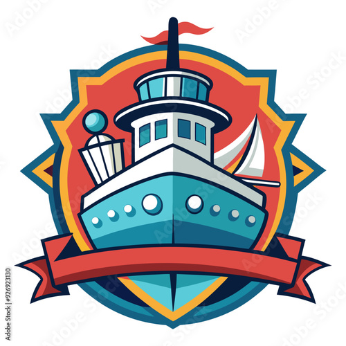 Colorful Cartoon Illustration of a Ship with a Red Banner