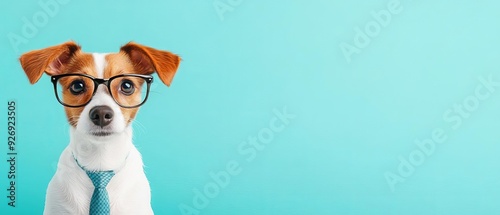 Dog in a formal suit and tie, pastel office desk background, loyal and diligent employee with text copy space