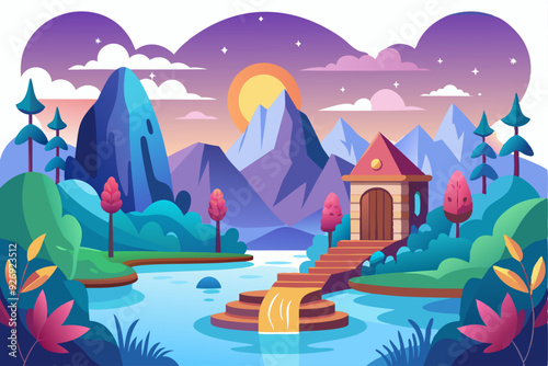 A small house by a lake in a mountainous landscape under a night sky