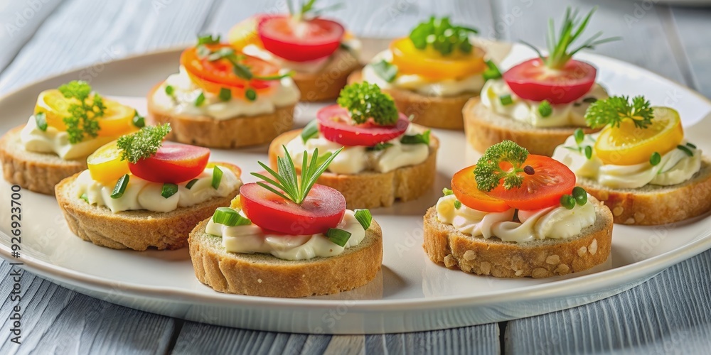 Plate of canapes topped with butter and fresh vegetables , canapes, butter, vegetables, plate, top view, appetizer Plate of canapes topped with butter and fresh vegetables , canapes, butter, vegetables, plate, top view, appetizer