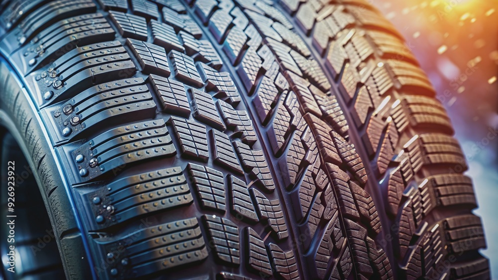 Obraz premium Close up of new car tires with deep tread, car, vehicle, automotive, spare, rubber, black, round, tread, traction, tread pattern