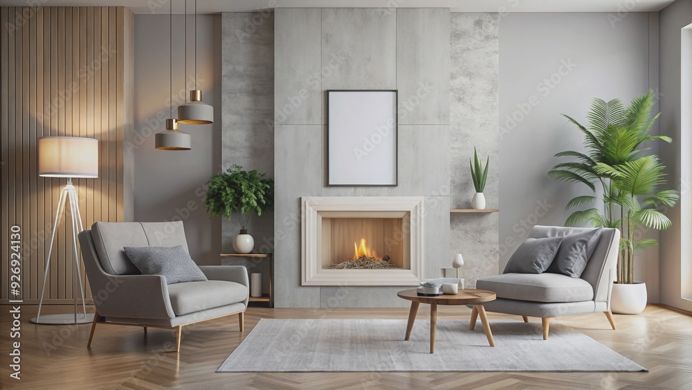Minimalist living room with a single blank mockup frame above a fireplace, minimalist, living room, mockup, frame