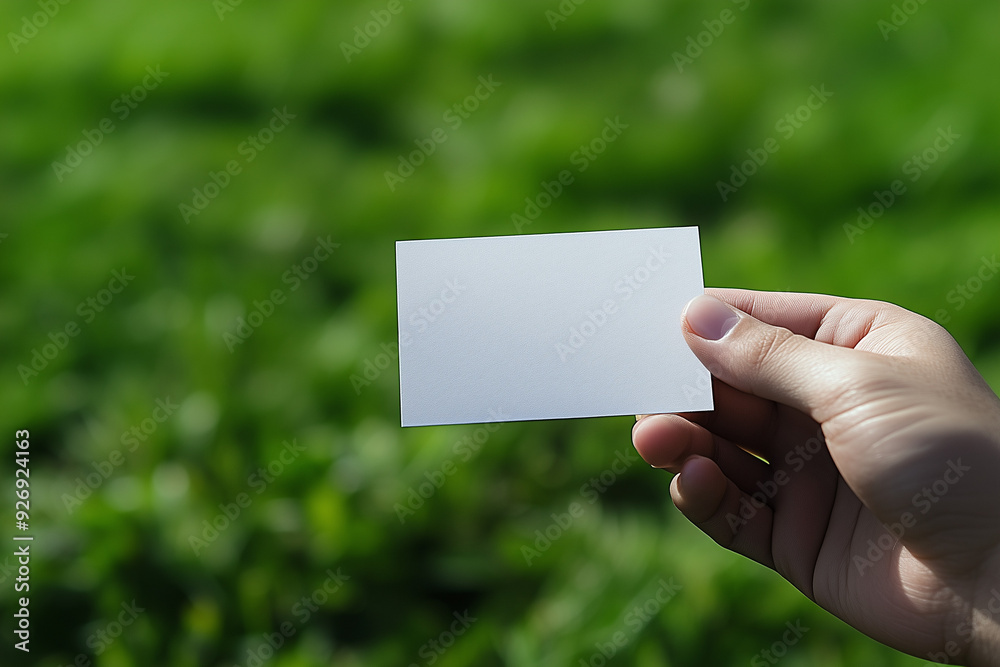 A close-up photo of an elegant hand in business attire holding a blank business card set against the backdrop of lush green grass A close-up photo of an elegant hand in business attire holding a blank business card set against the backdrop of lush green grass