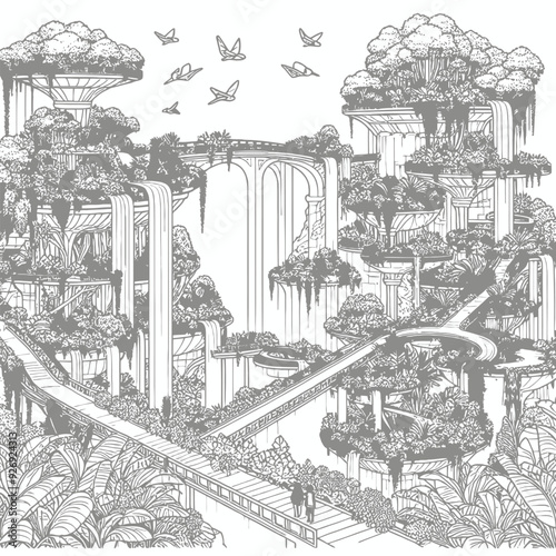 Gardens suspended in the air, connected by bridges, with waterfalls flowing off the edges vector