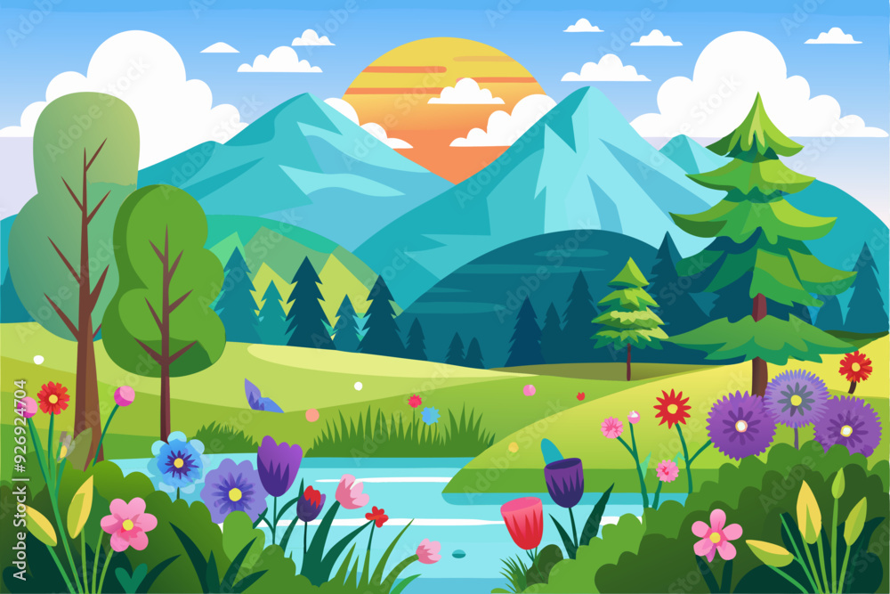 Naklejka premium A Mountainous Landscape with a Stream and Blooming Flowers
