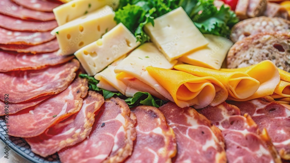 Close-up of sliced deli meats and cheese for food macro photography, food, deli, meats, cheese, slices, close-up Close-up of sliced deli meats and cheese for food macro photography, food, deli, meats, cheese, slices, close-up