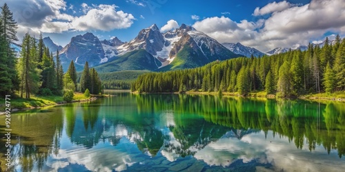 Scenic mountain lake surrounded by lush green trees and snow-capped peaks, mountain, lake, scenic, landscape, nature