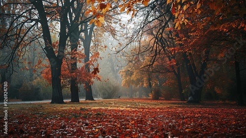 Serene Forest Oasis. Tranquil autumn park with abundant trees in a moody atmosphere