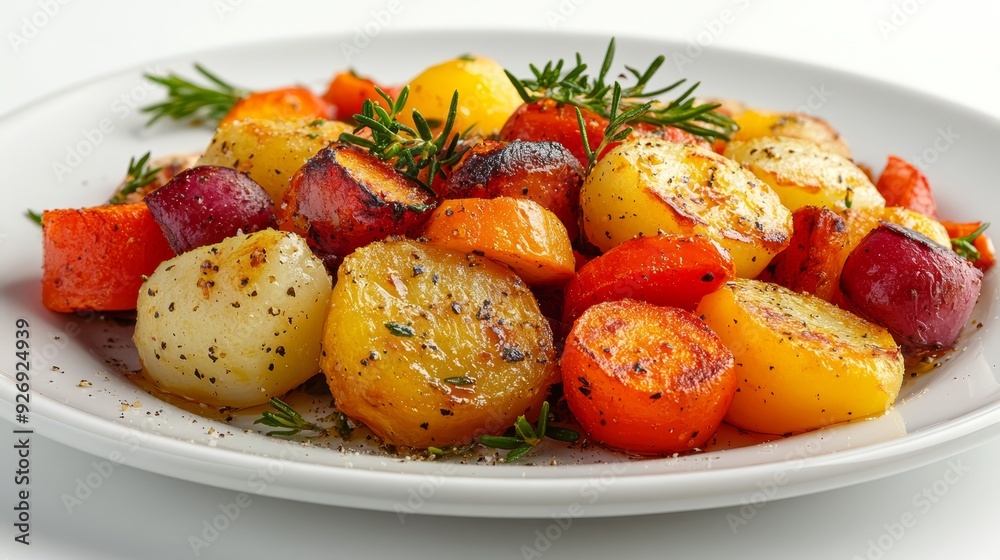 Roasted Root Vegetables on White Plate Roasted Root Vegetables on White Plate