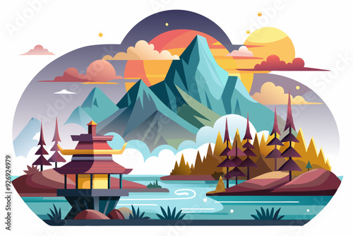 Traditional Asian Temple by a Lake with Sunset Mountain View