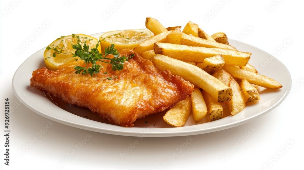 Crispy fish and chips with lemon garnish Crispy fish and chips with lemon garnish