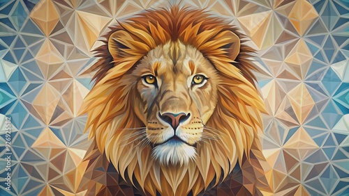 A lion depicted in regal geometric patterns, lion, regal, geometric, patterns, majestic, animal, king, ruler, design