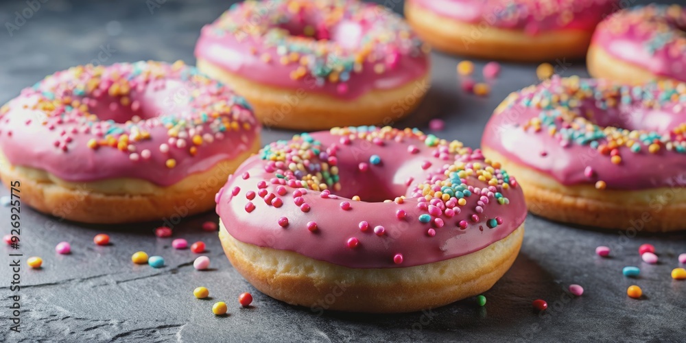 Pink glazed donuts with colorful sprinkles, tempting sugary treats for a fun snack or indulgent dessert, pink, glazed, donut Pink glazed donuts with colorful sprinkles, tempting sugary treats for a fun snack or indulgent dessert, pink, glazed, donut