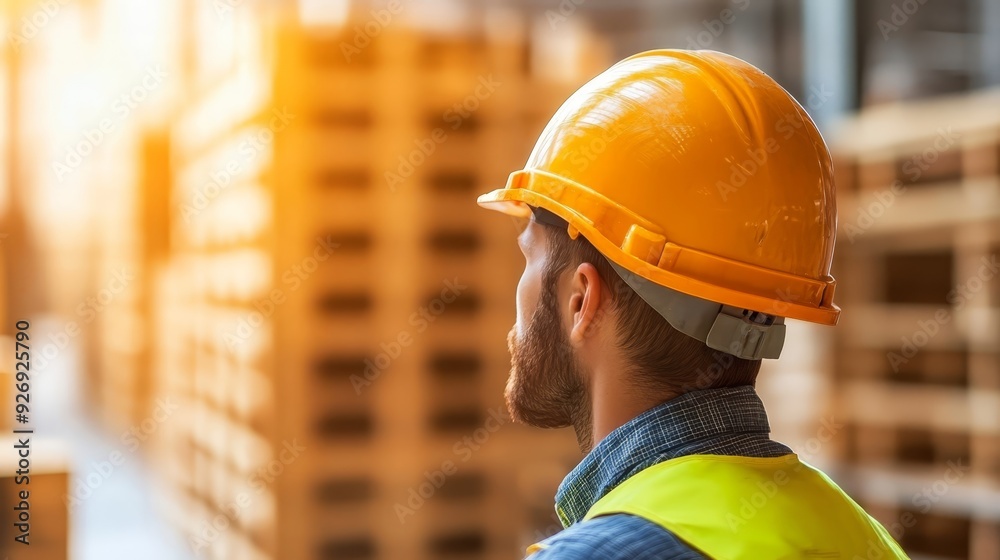 Warehouse worker in hard hat observing pallets Warehouse worker in hard hat observing pallets
