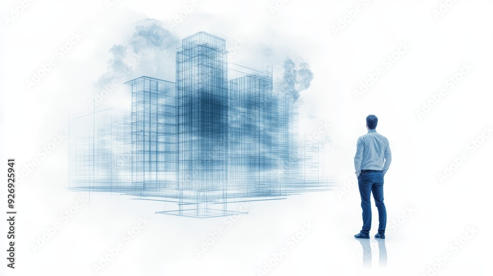 Architect Looking at Futuristic Building Blueprint Architect Looking at Futuristic Building Blueprint