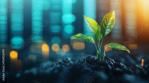 Green Sprout Growing Against a Blue and Orange Background photo