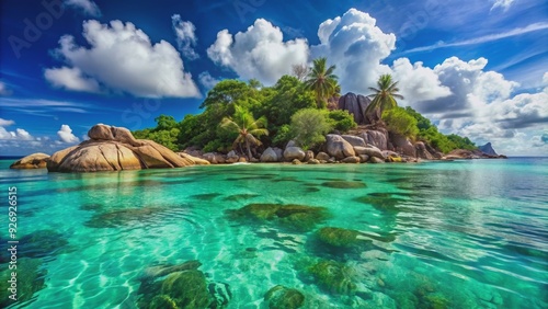 Beautiful seascapes of Seychelles islands featuring clear turquoise waters glistening under the sun , Seychelles, islands, sea