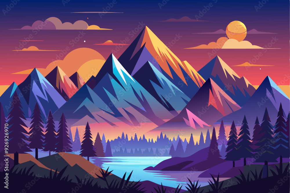 Mountain Range with a Lake at Sunset Mountain Range with a Lake at Sunset