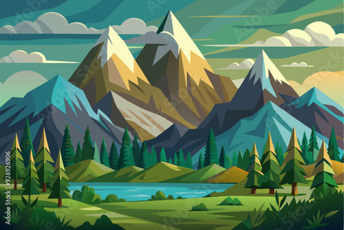 Majestic Mountain Range with a Serene Lake and Forest in the Foreground