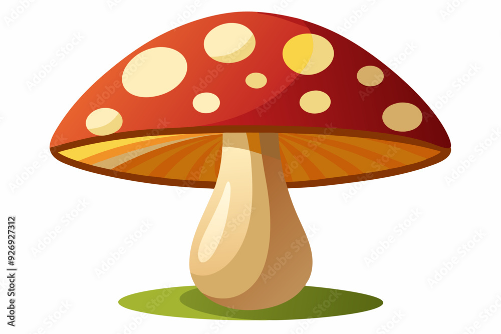 A Red and Yellow Spotted Mushroom with a White Stem on Green Grass A Red and Yellow Spotted Mushroom with a White Stem on Green Grass