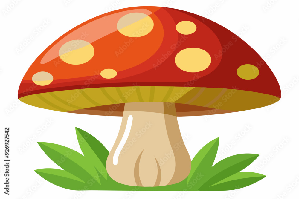 A Single Red and Yellow Mushroom Growing in Green Grass A Single Red and Yellow Mushroom Growing in Green Grass
