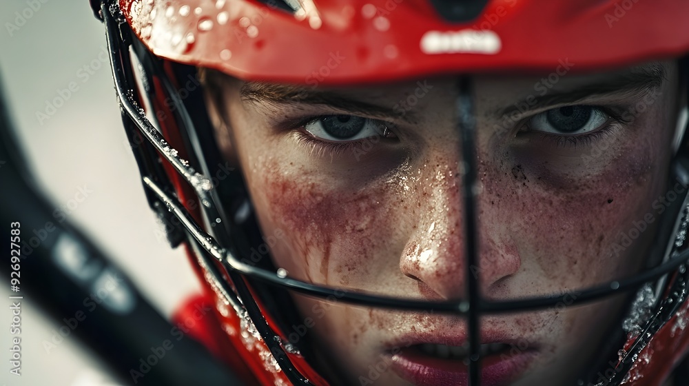 Intense Lacrosse Player Poised for Face Off Stick in Hand Focused Expression Intense Lacrosse Player Poised for Face Off Stick in Hand Focused Expression