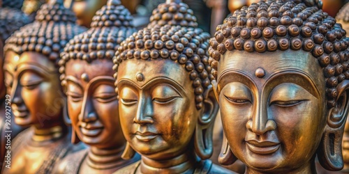 Close up of Buddha heads in various sizes and materials , meditation, zen, spiritual, mindfulness, statue