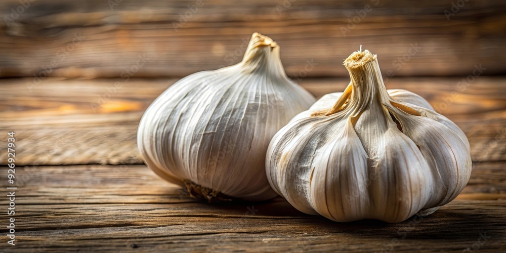 Obraz premium Close-up of two plump garlic cloves with dry, papery skin on a wooden table, garlic, cloves, close-up, rustic, wooden, table