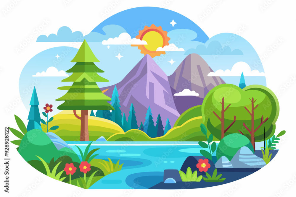 A Colorful Landscape with a Lake, Mountains, Trees, and Flowers A Colorful Landscape with a Lake, Mountains, Trees, and Flowers