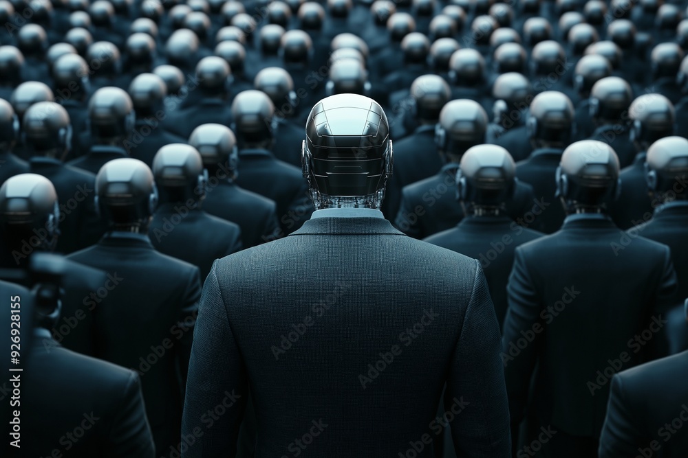 Fototapeta premium shot from behind, crowd of robotic people with their leader, all turning their backs to the camera, symbolizing the dehumanization and mechanization of society in a dystopian political setting