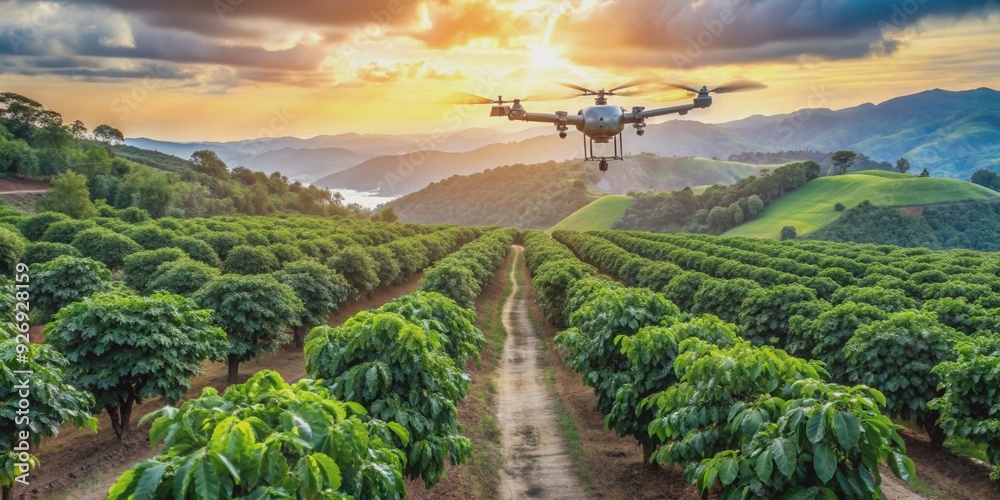 Drone monitoring coffee trees for precision agriculture , smart technology, agriculture, coffee farm Drone monitoring coffee trees for precision agriculture , smart technology, agriculture, coffee farm