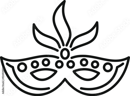 Simple line drawing of a festive mask with feathers and jewels for mardi gras or a masquerade ball