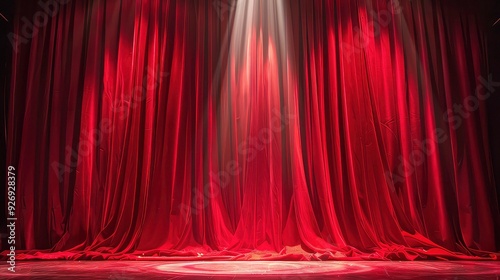 Red velvet curtains with a spotlight shining on the stage floor, creating a dramatic and theatrical effect.